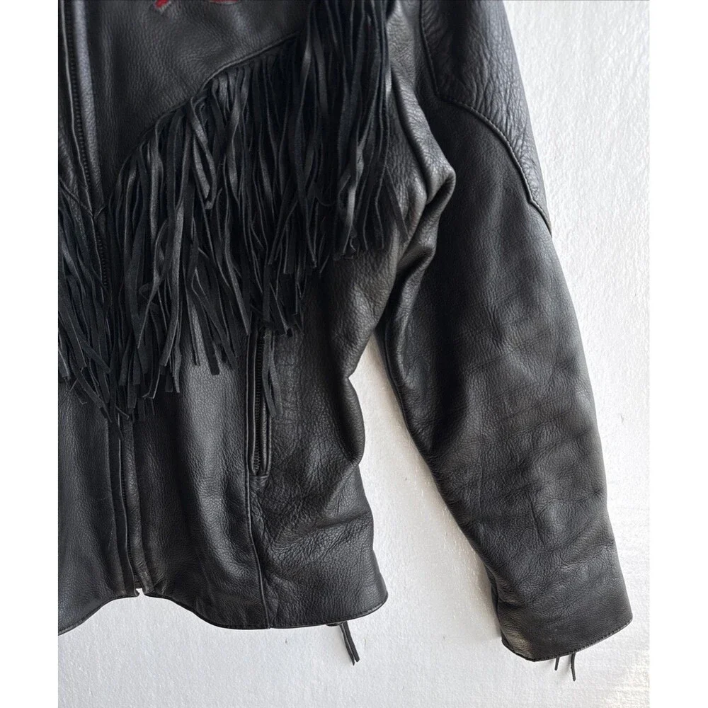 Vintage UNIK Premium Rose Fringe Motorcycle Leather Jacket Black Women’s Large - Picture 5 of 12